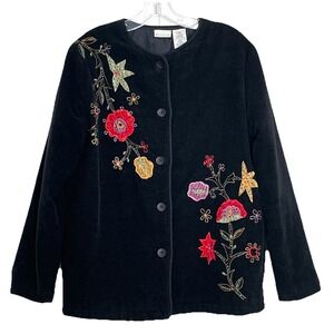 White Stag Womens Chenille Jacket S (4/6) Black Floral Embroidered Beaded VTG